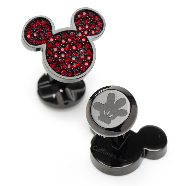 Disney Mickey Mouse Maroon Crystal Cufflinks: one shaped like a Mickey Mouse head filled with red crystals, and one round with a Mickey glove emblem.