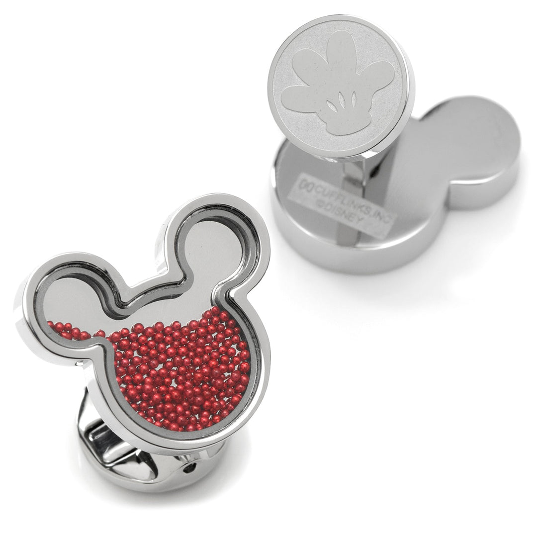 Disney Mickey Mouse Silhouette Red Caviar Bead Cufflinks, featuring one silver-toned piece filled with red caviar beads and another with an embossed glove design.