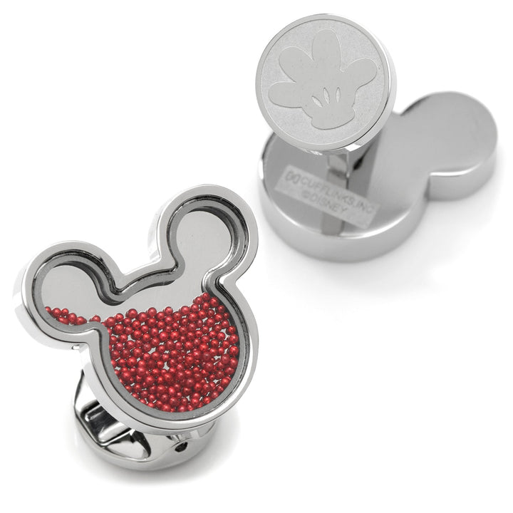 Disney Mickey Mouse Silhouette Red Caviar Bead Cufflinks, featuring one silver-toned piece filled with red caviar beads and another with an embossed glove design.