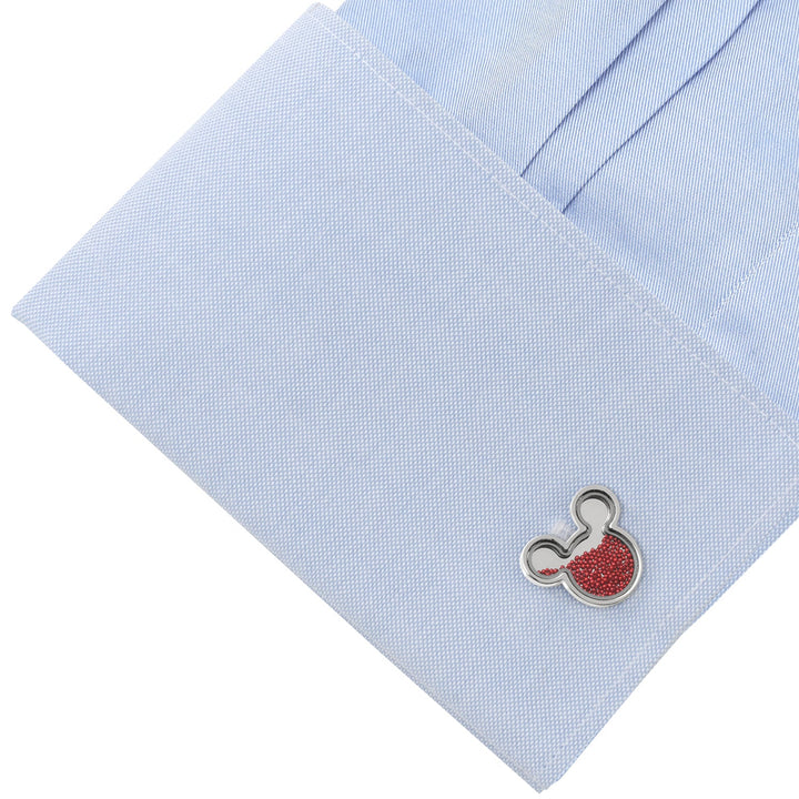 Disney Mickey Mouse Silhouette Red Caviar Bead Cufflinks featuring silver Mickey-shaped frames filled with small red beads, attached to a light blue dress shirt cuff.