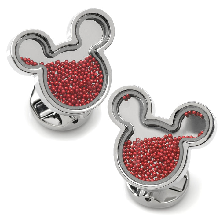 Disney Mickey Mouse Silhouette Red Caviar Bead Cufflinks featuring two silver-toned Mickey Mouse silhouettes filled with small red caviar beads.
