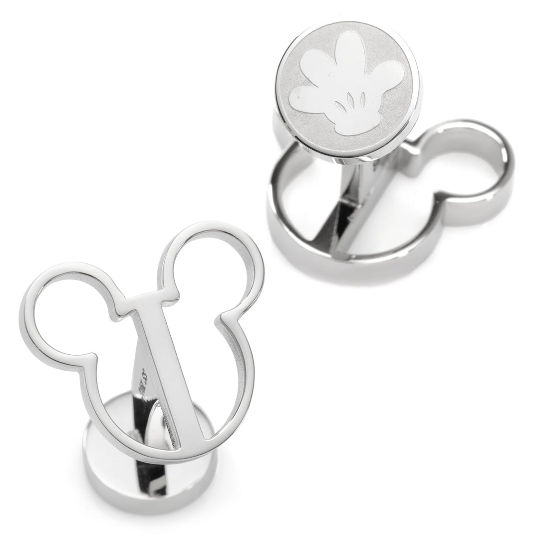 Disney Mickey Mouse Silhouette Cutout Cufflinks in silver-toned stainless steel, one with a mouse head cutout and the other featuring an engraved glove icon.