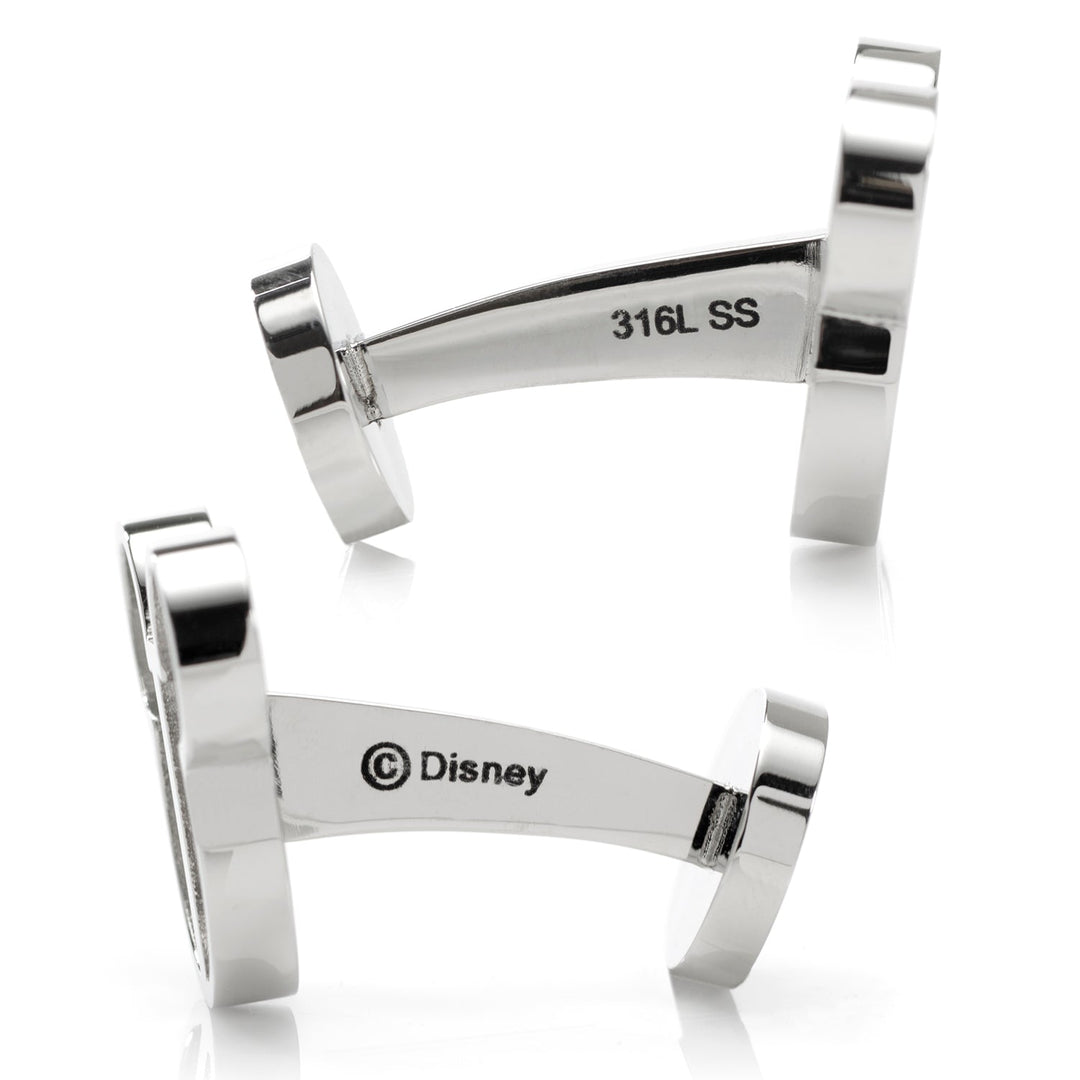 Disney Mickey Mouse Silhouette Cutout Cufflinks in silver-toned metal, featuring “316L SS” and “© Disney” engraved on the posts.