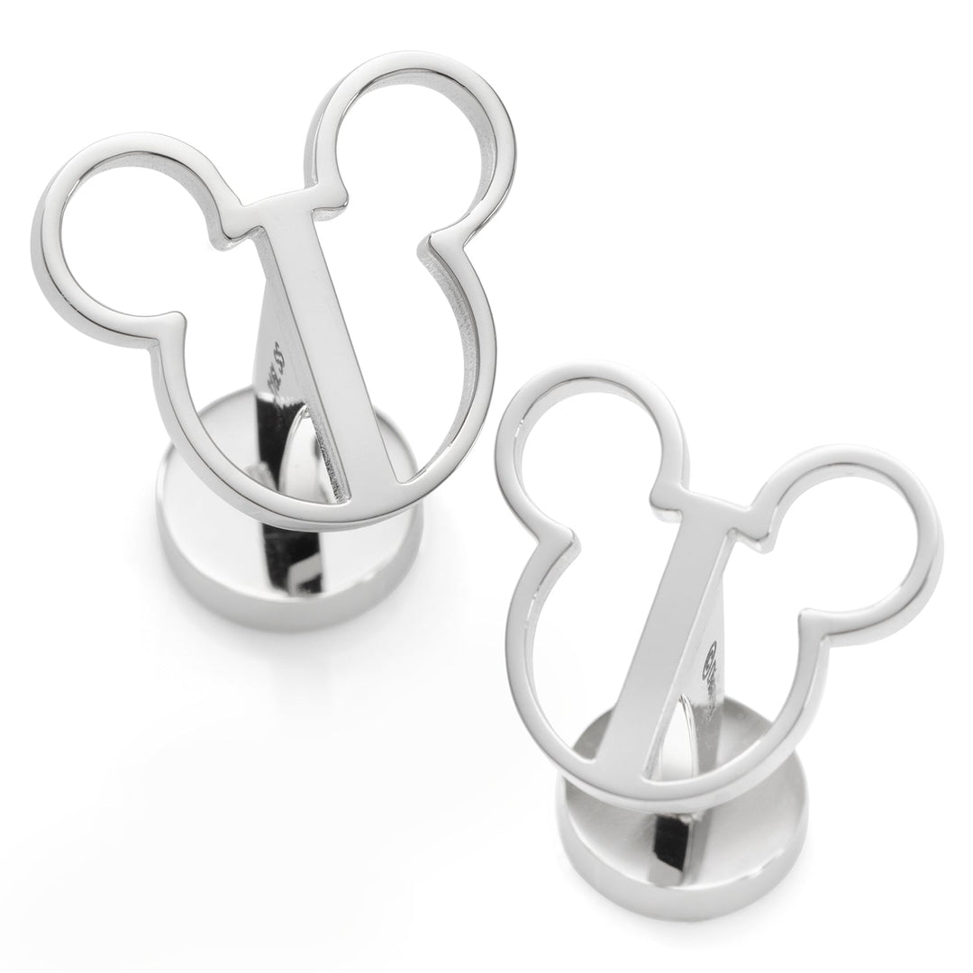 Disney Mickey Mouse Silhouette Cutout Cufflinks, featuring two silver-toned stainless steel cufflinks with a Mickey Mouse head silhouette cutout.