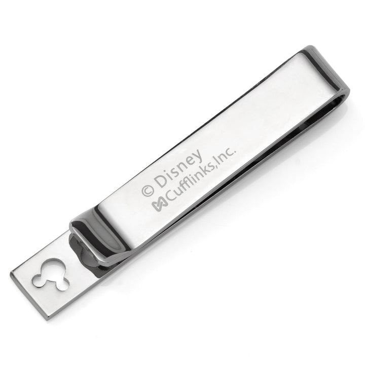 Disney Mickey Mouse Silhouette Cutout Silver Tie Bar in silver-toned metal with a silhouette cutout at the end and engraved text.