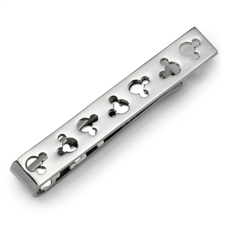 Disney Mickey Mouse Silhouette Cutout Silver Tie Bar featuring a row of cutout silhouettes.