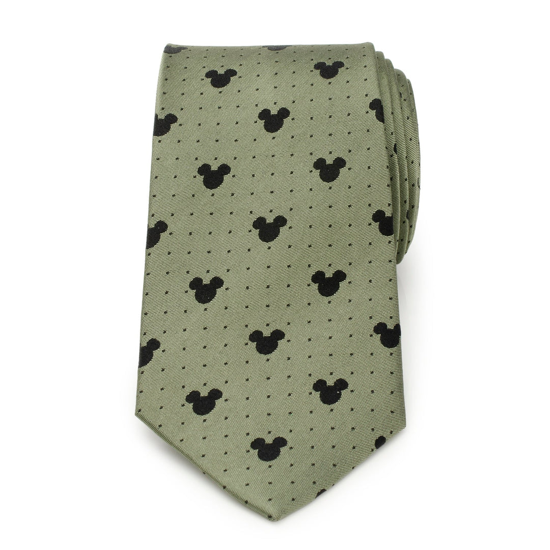 Disney Mickey Mouse Silhouette Dot Green Men’s Tie in sage green silk featuring black Mickey Mouse silhouettes and small black dots.