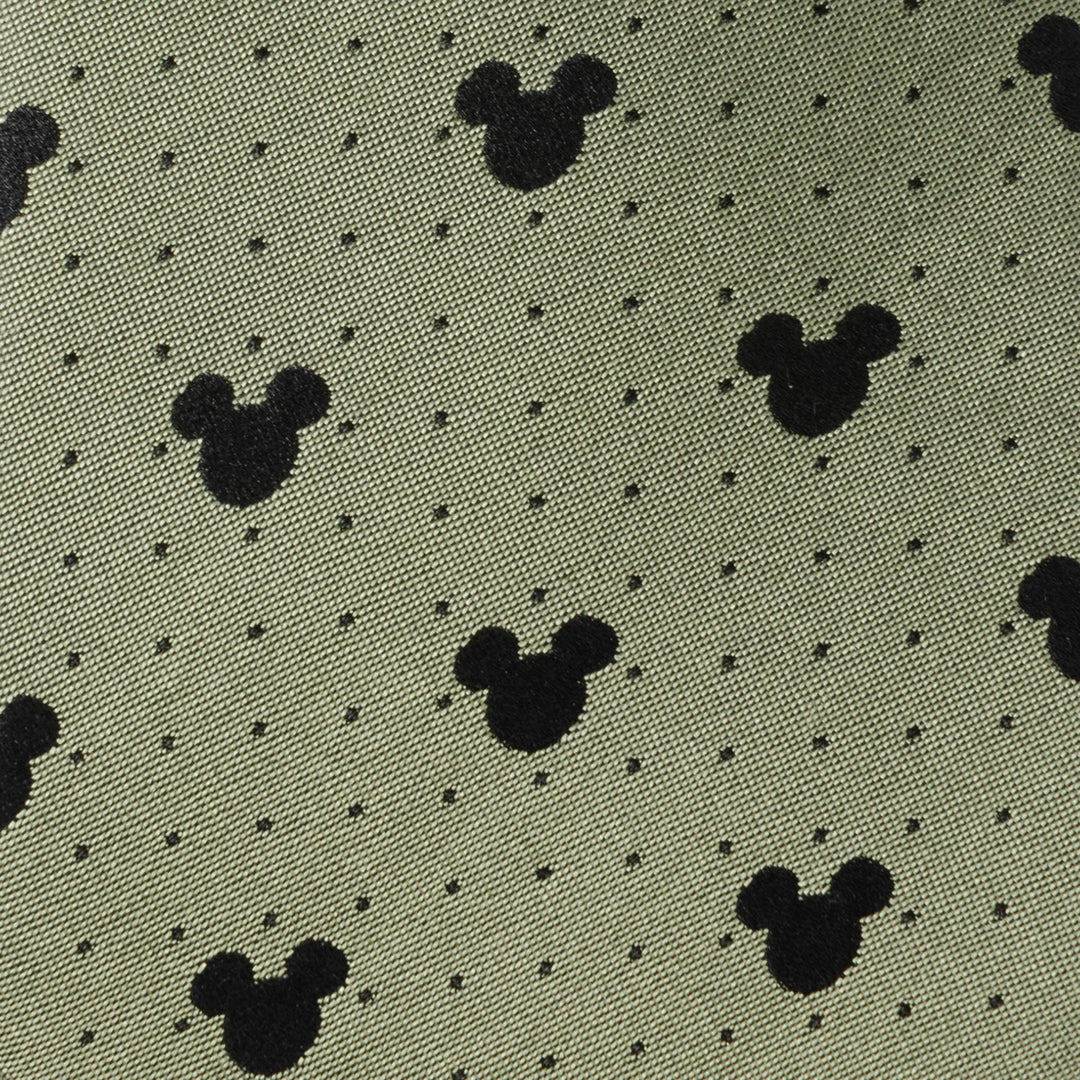 Disney Mickey Mouse Silhouette Dot Green Men’s Tie in olive green featuring small black polka dots and repeating black silhouettes.