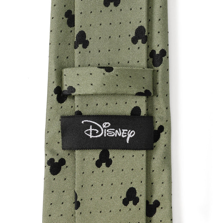 Disney Mickey Mouse Silhouette Dot Green Men’s Tie in sage green with small black polka dots, Mickey Mouse silhouettes, and a black Cufflinks.com brand tag.