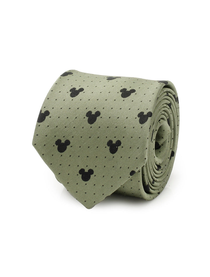 Disney Mickey Mouse Silhouette Dot Green Men’s Tie in sage green featuring a repeating pattern of small black polka dots and silhouettes.