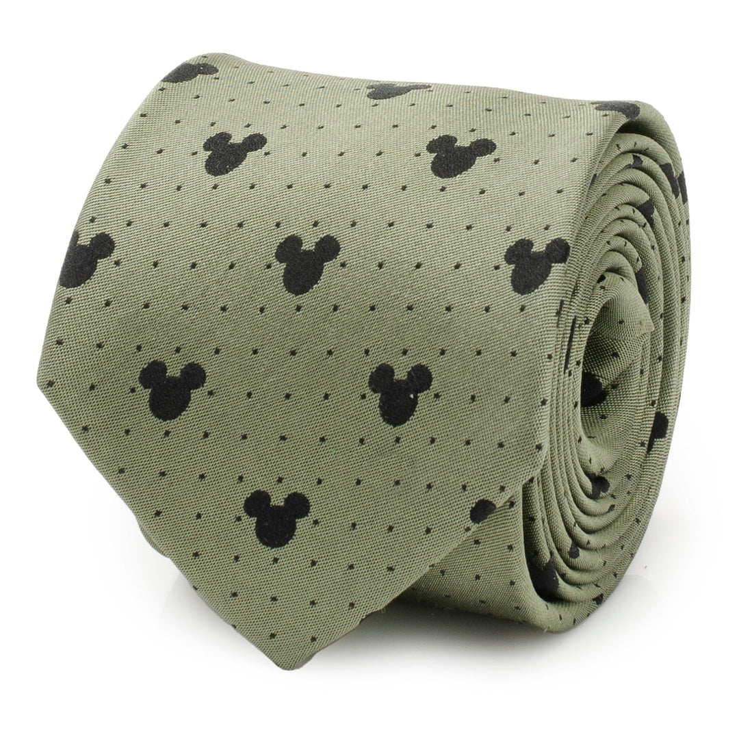 Disney Mickey Mouse Silhouette Dot Green Men’s Tie in olive green with black silhouettes and small dots.