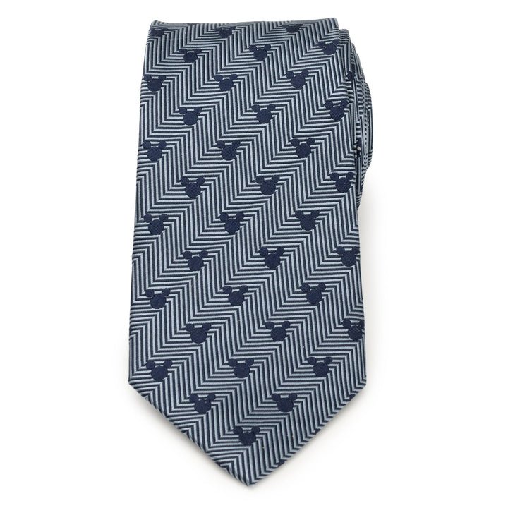 Disney Mickey Mouse Silhouette Blue Herringbone Men’s Tie in blue and grey silk with a herringbone pattern and small Mickey Mouse silhouettes.