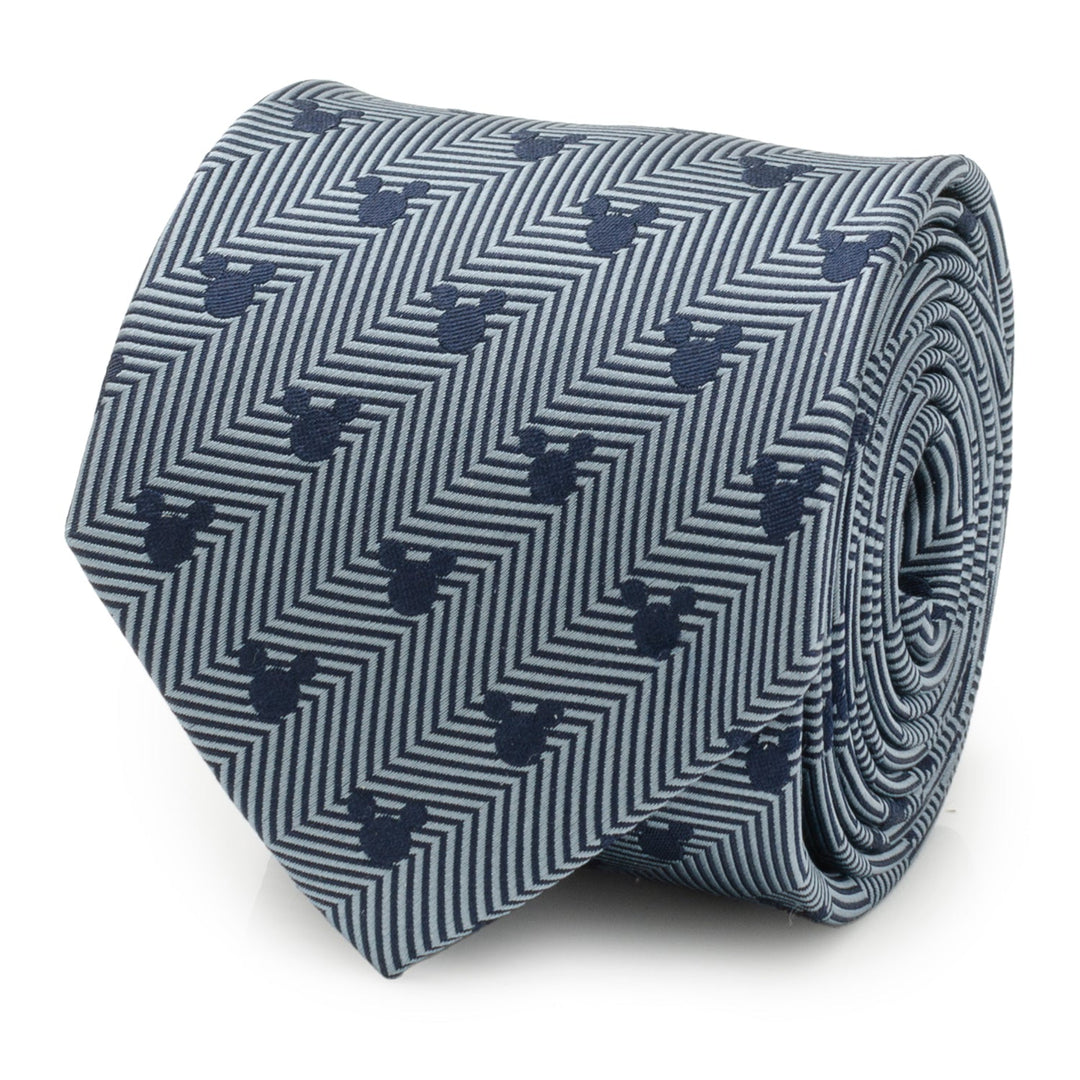 Disney Mickey Mouse Silhouette Blue Herringbone Men’s Tie in blue silk featuring small dark blue Mickey Mouse silhouettes.