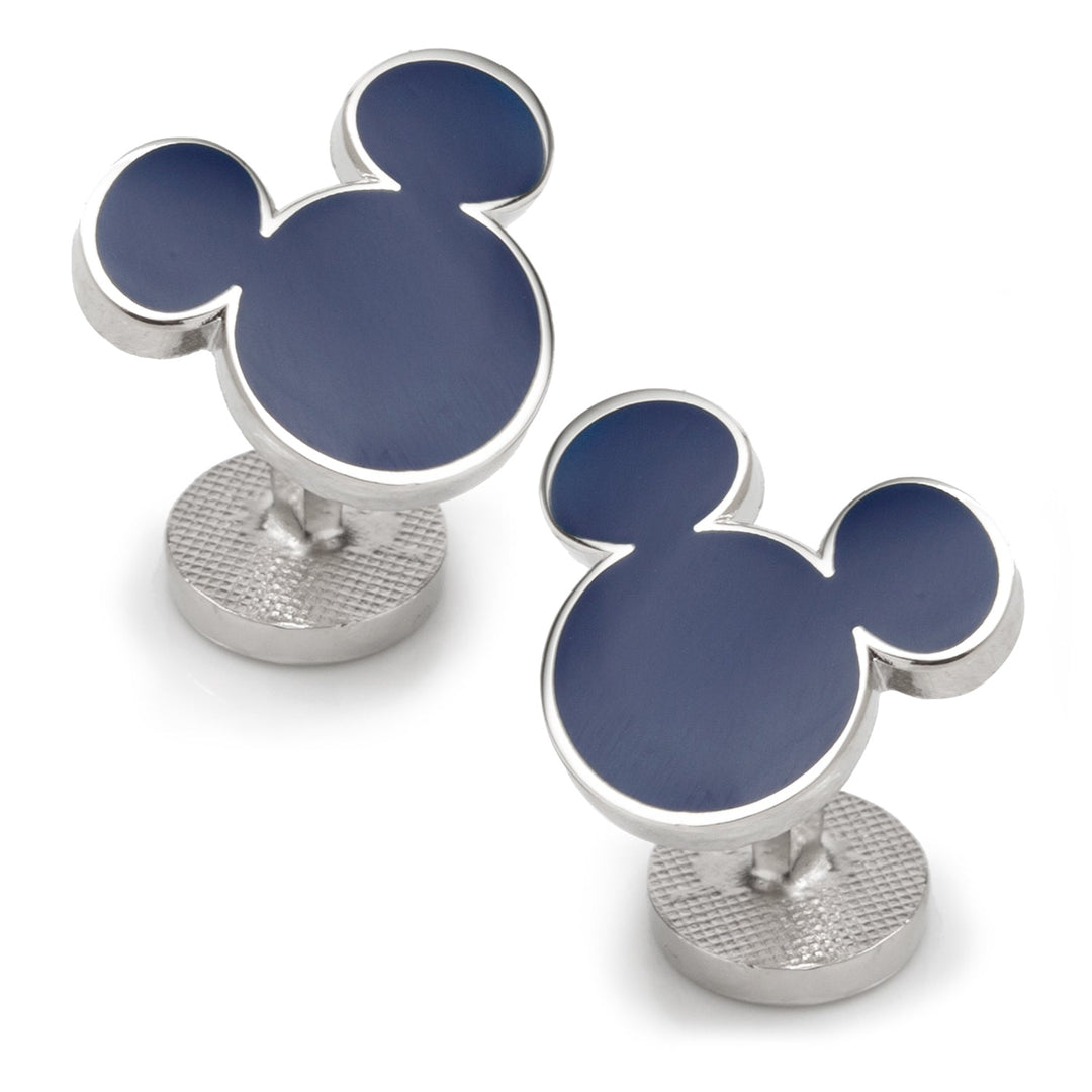 Disney Mickey Mouse Silhouette Blue Cufflinks featuring two silver-toned cufflinks with a dark blue Mickey Mouse silhouette head.