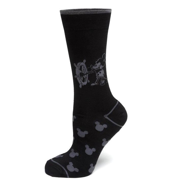 Black crew sock from the Disney Mickey Mouse Steamboat Willie Sock and Mickey Blue Lapel Pin Gift Set, featuring a Steamboat Willie graphic on the calf and a grey Mickey Mouse head pattern on the foot.