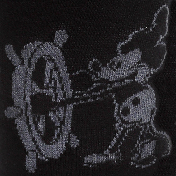 Black fabric socks from the Disney Mickey Mouse Steamboat Willie Sock and Mickey Blue Lapel Pin Gift Set, patterned with a grey Steamboat Willie graphic of Mickey Mouse at a ship’s wheel.