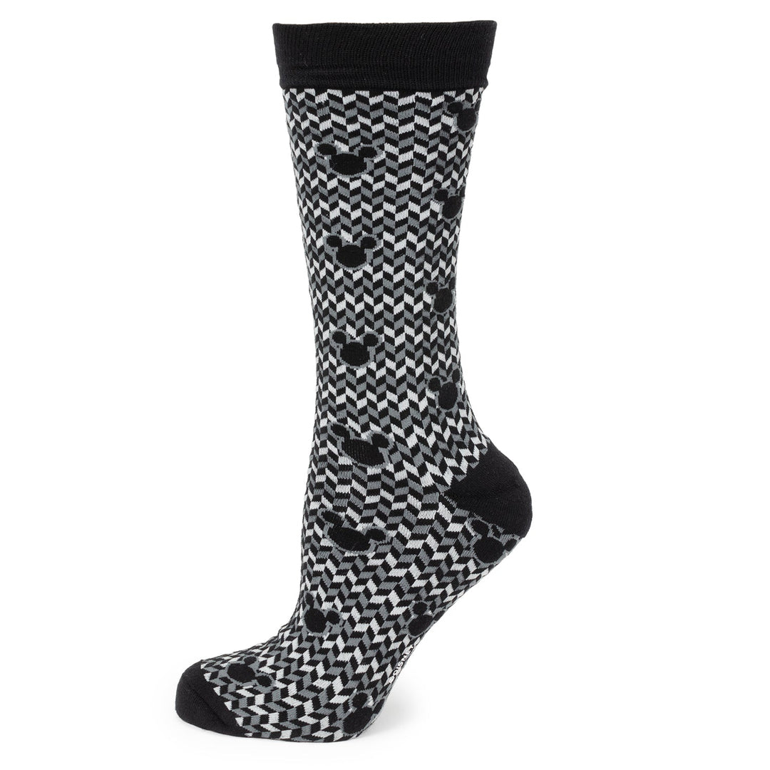 Disney Mickey Mouse Silhouette Chevron Sock and Mickey Blue Lapel Pin Gift Set crew sock in black, gray, and white with a repeating chevron pattern and Mickey silhouette details.