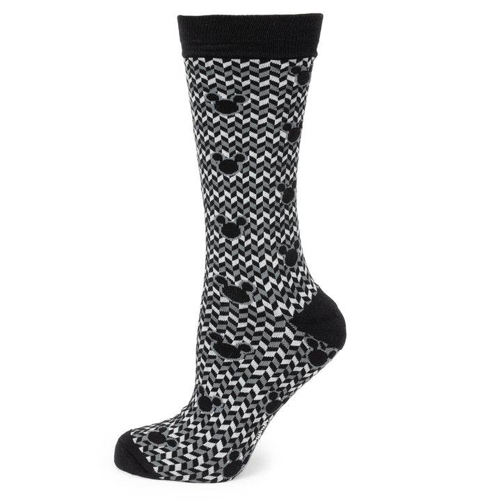 Disney Mickey Mouse Silhouette Chevron Sock and Mickey Blue Lapel Pin Gift Set crew sock in black, gray, and white with a repeating chevron pattern and Mickey silhouette details.