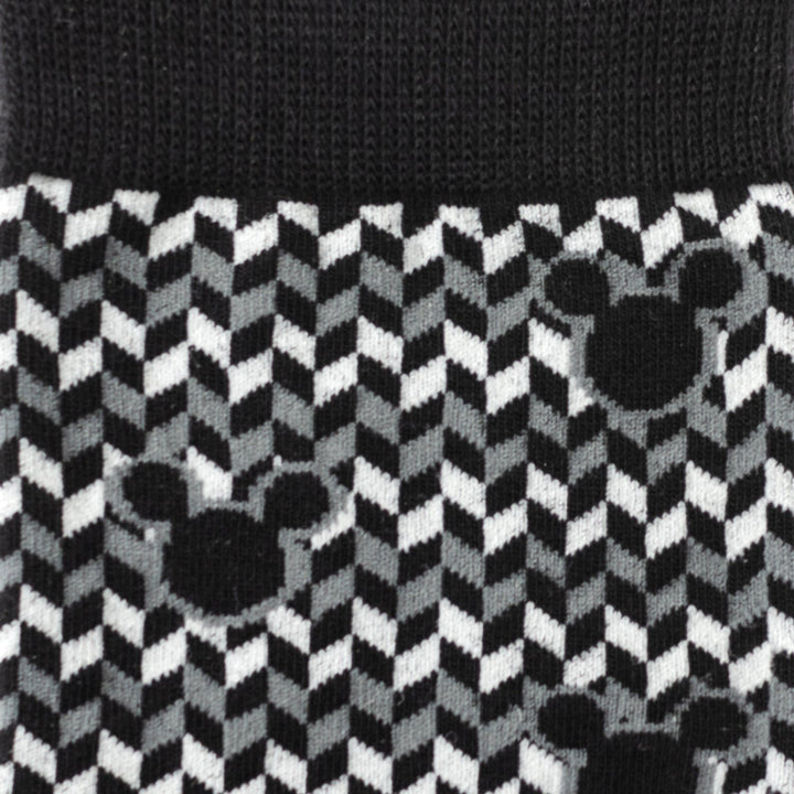 Disney Mickey Mouse Silhouette Chevron Sock and Mickey Blue Lapel Pin Gift Set featuring black, white, and grey chevron patterned knit socks with repeating Mickey Mouse head silhouettes.