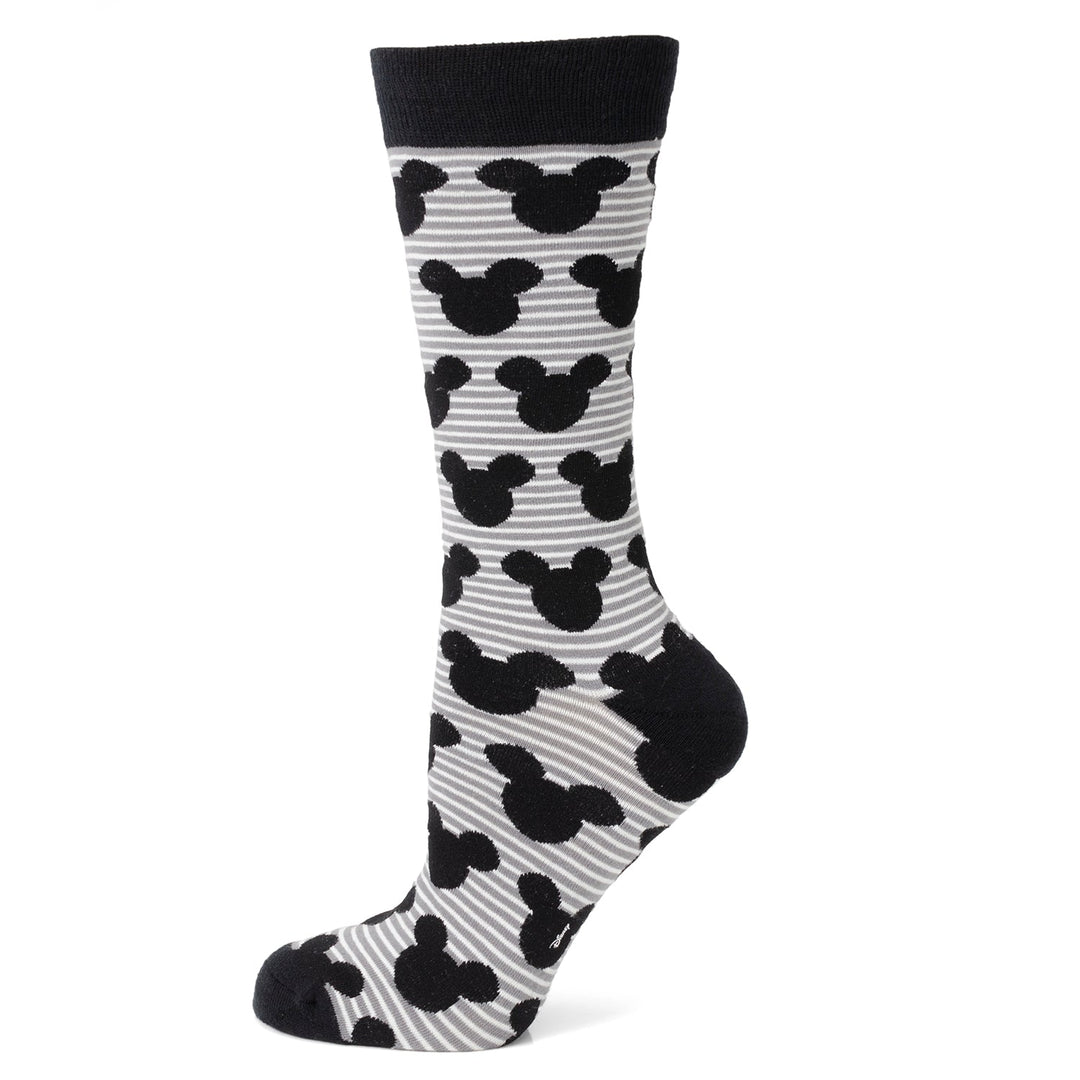 Gray and white striped crew sock from the Disney Mickey Mouse Stripe Gray Sock and Mickey Blue Lapel Pin Gift Set, featuring black Mickey Mouse silhouettes, a black heel, and a black toe.