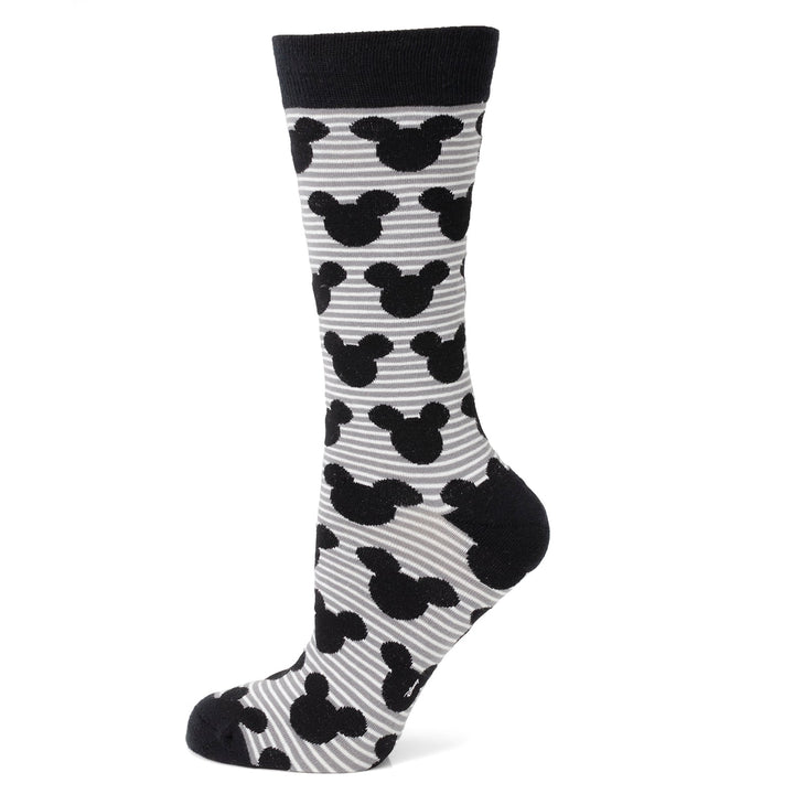 Gray and white striped crew sock from the Disney Mickey Mouse Stripe Gray Sock and Mickey Blue Lapel Pin Gift Set, featuring black Mickey Mouse silhouettes, a black heel, and a black toe.