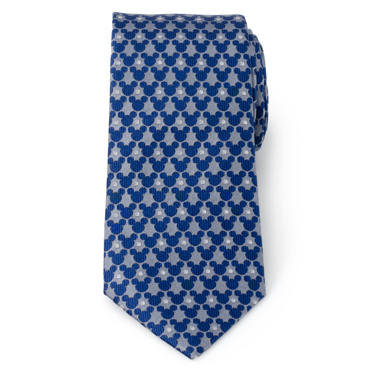 Disney Mickey Mouse Silhouette Pattern Dot Blue Tie featuring a repeating pattern of gray silhouettes on a blue dotted background.