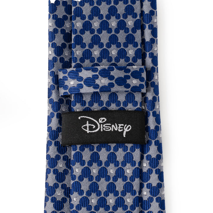 Blue Disney Mickey Mouse Silhouette Pattern Dot Blue Tie featuring a repeating pattern of grey silhouettes and small dots, with a black Disney label on the back.