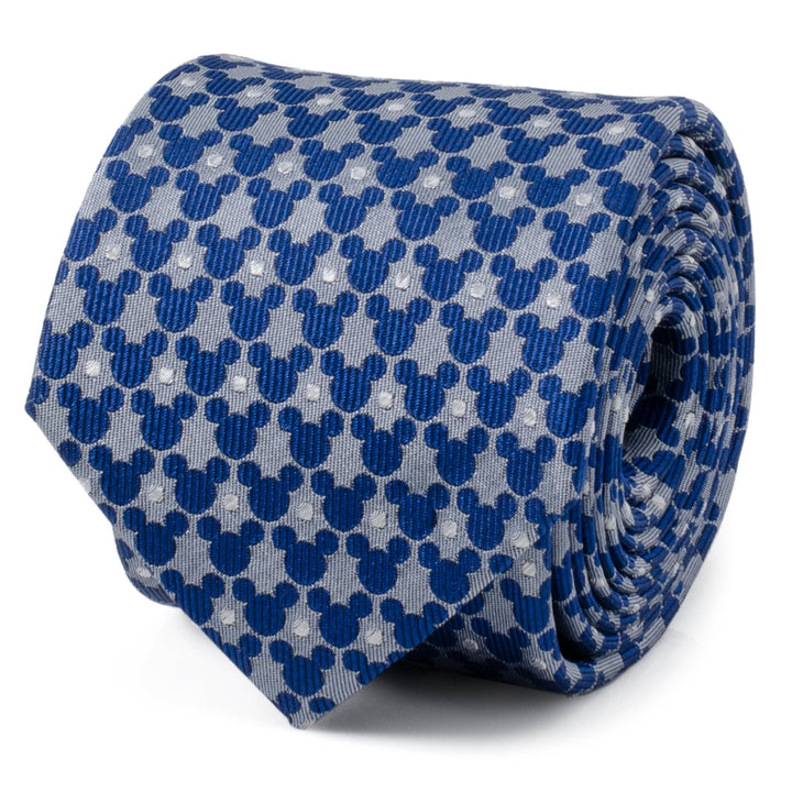 Disney Mickey Mouse Silhouette Pattern Dot Blue Tie in blue and grey silk, featuring a repeating pattern of silhouettes and small dots.