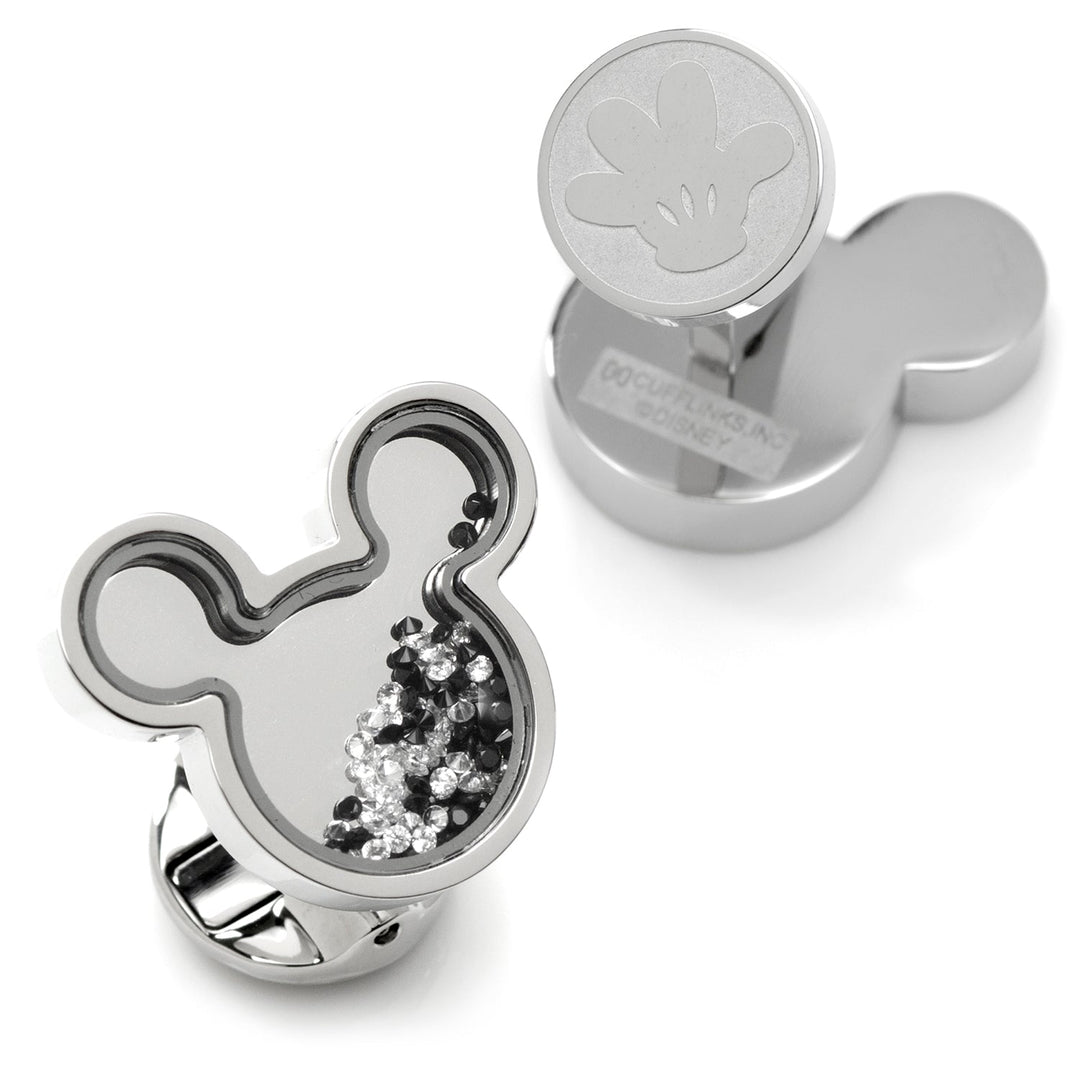 Disney Mickey Mouse Silhouette Floating B/W Crystal Stainless Steel Cufflinks shaped like mouse heads, one containing loose black and white crystals and the other featuring a glove icon.