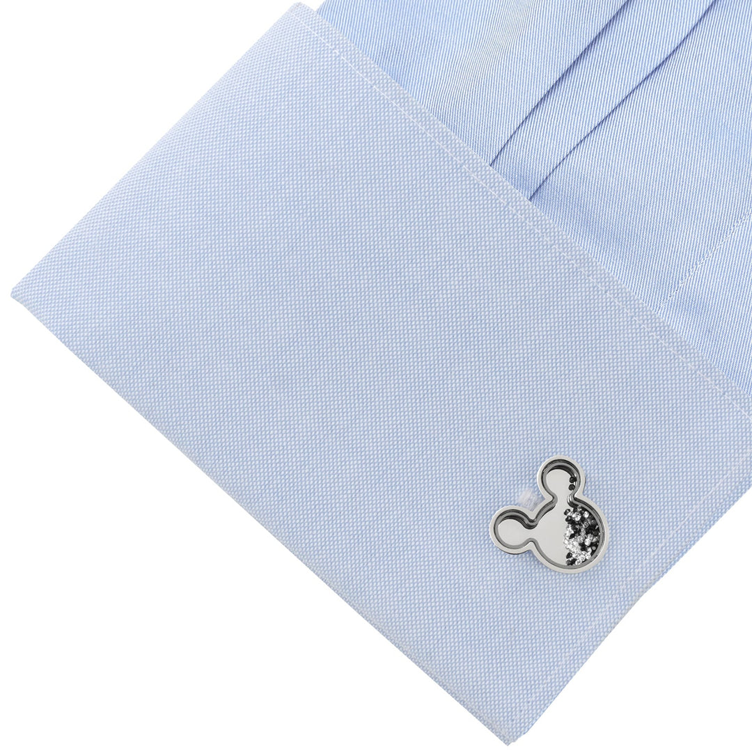 Disney Mickey Mouse Silhouette Floating B/W Crystal Stainless Steel Cufflinks on a light blue French cuff shirt.