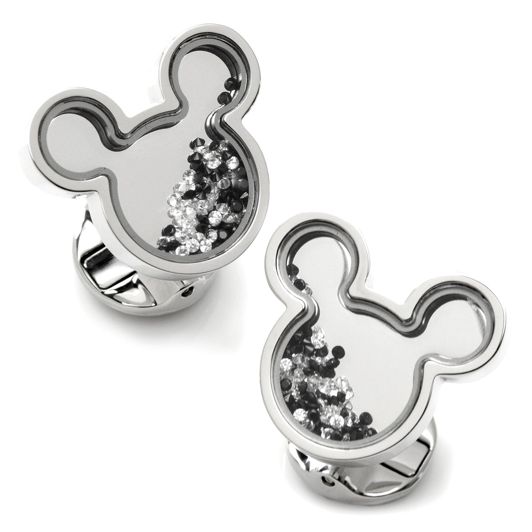 Disney Mickey Mouse Silhouette Floating B/W Crystal Stainless Steel Cufflinks featuring silver-toned silhouettes with clear centers filled with loose black and white crystals.