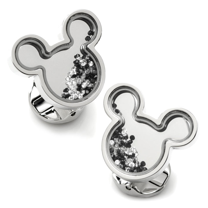 Disney Mickey Mouse Silhouette Floating B/W Crystal Stainless Steel Cufflinks featuring silver-toned silhouettes with clear centers filled with loose black and white crystals.
