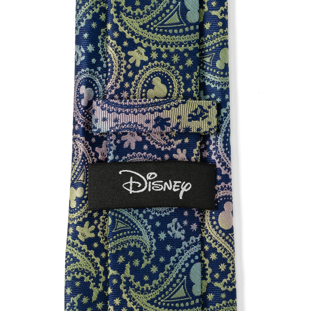 Back of a Disney Mickey Mouse Silhouette Iridescent Paisley Navy Tie, featuring an iridescent paisley pattern with Mickey Mouse silhouettes and a black Cufflinks.com logo label.
