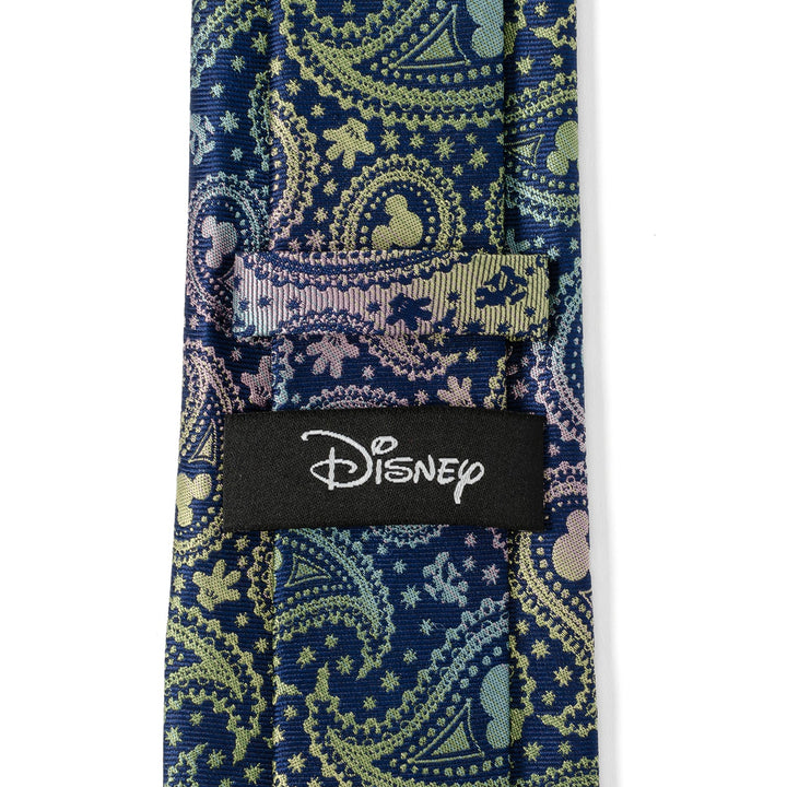 Back of a Disney Mickey Mouse Silhouette Iridescent Paisley Navy Tie, featuring an iridescent paisley pattern with Mickey Mouse silhouettes and a black Cufflinks.com logo label.