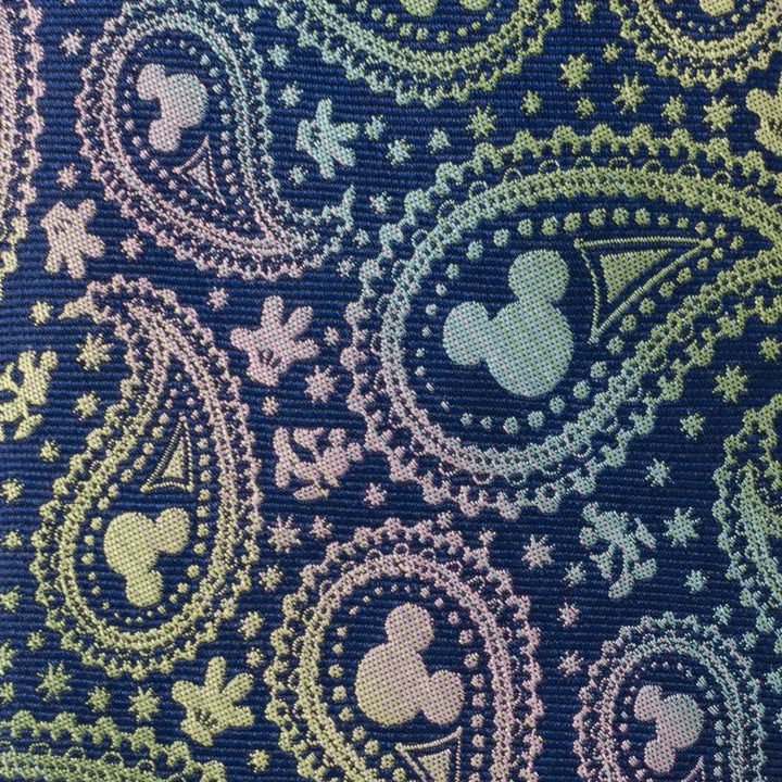 Disney Mickey Mouse Silhouette Iridescent Paisley Navy Tie in 100% silk featuring an iridescent Mickey paisley pattern interspersed with Mickey Mouse silhouettes.