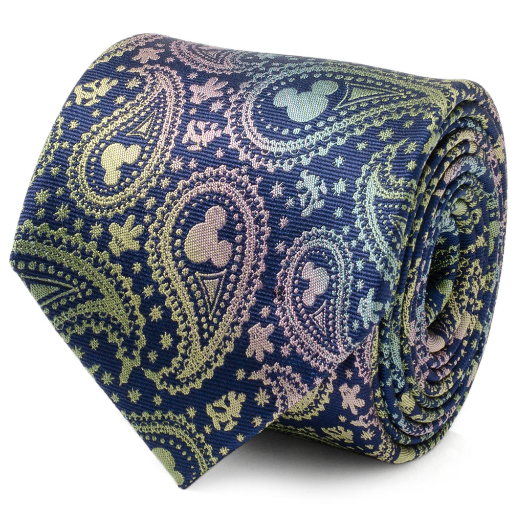 Disney Mickey Mouse Silhouette Iridescent Paisley Navy Tie in navy blue 100% silk featuring an iridescent paisley pattern interspersed with Mickey Mouse silhouettes.