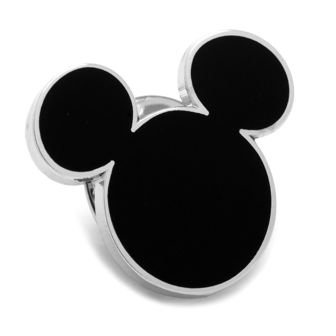 Disney Mickey Mouse Silhouette Lapel Pin featuring a black Mickey Mouse head silhouette with a silver metal border.