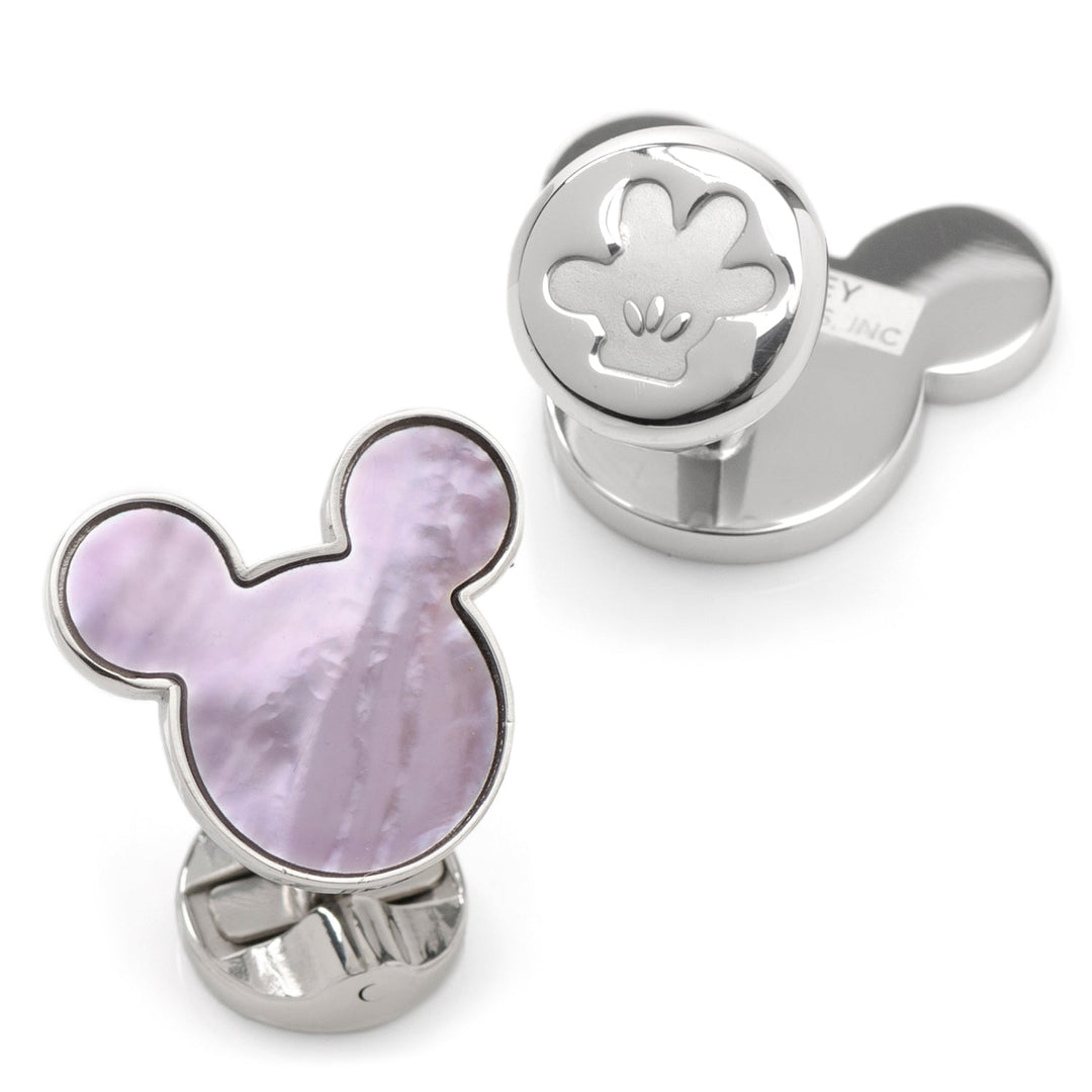 Disney Mickey Mouse Silhouette Lavender Mother of Pearl Sterling Silver Cufflinks, one featuring a lavender mother-of-pearl Mickey silhouette and the other a raised Mickey glove design.