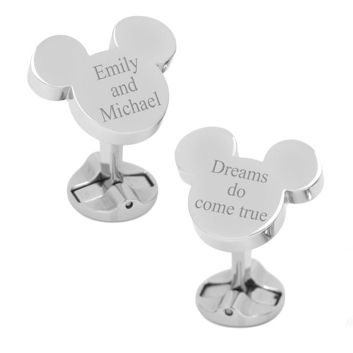 Disney Mickey Mouse Silhouette Stainless Steel Cufflinks: two silver silhouettes, one engraved with “Emily and Michael” and the other with “Dreams do come true.”