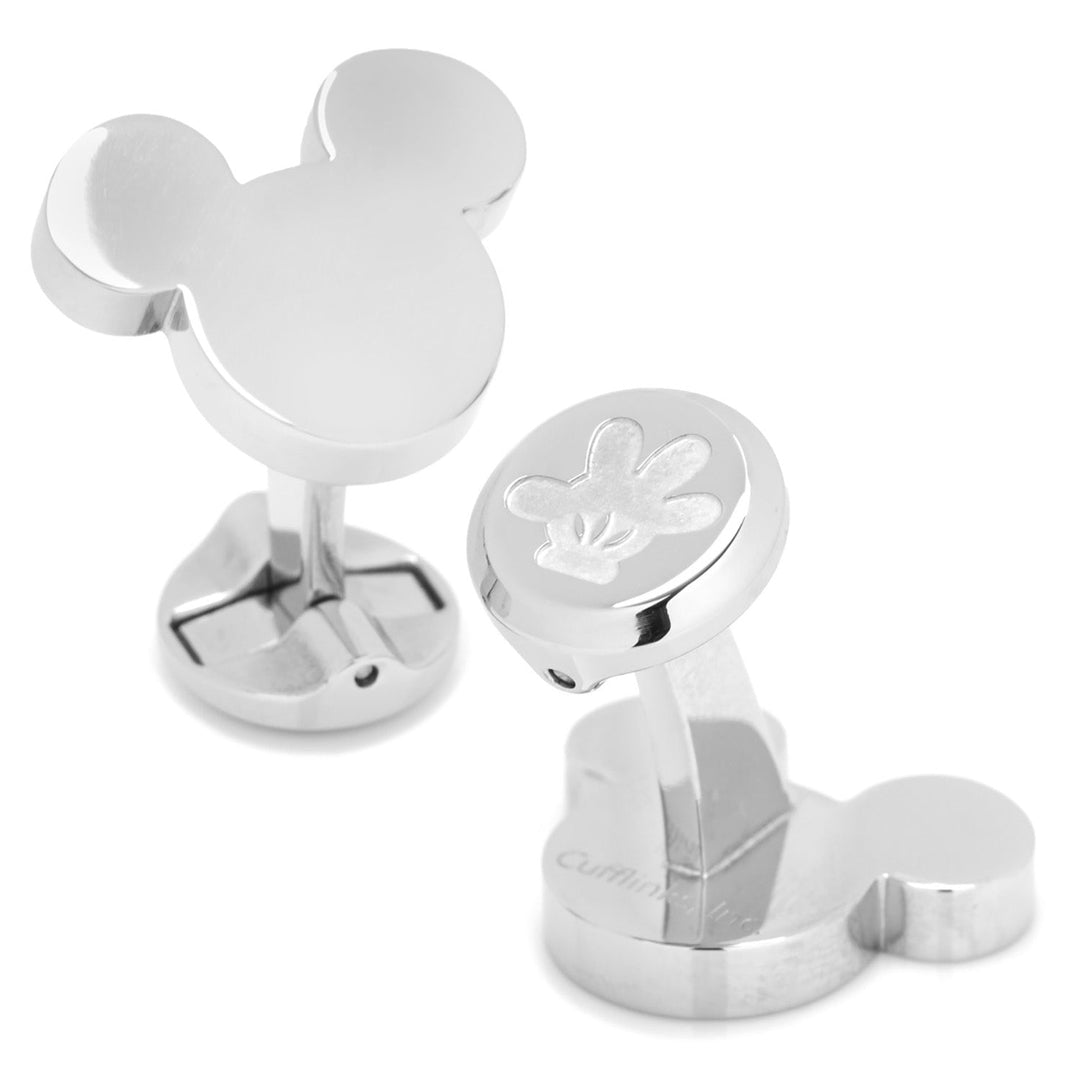 Disney Mickey Mouse Silhouette Stainless Steel Cufflinks featuring one Mickey Mouse silhouette and one round cufflink with an etched Mickey glove design.