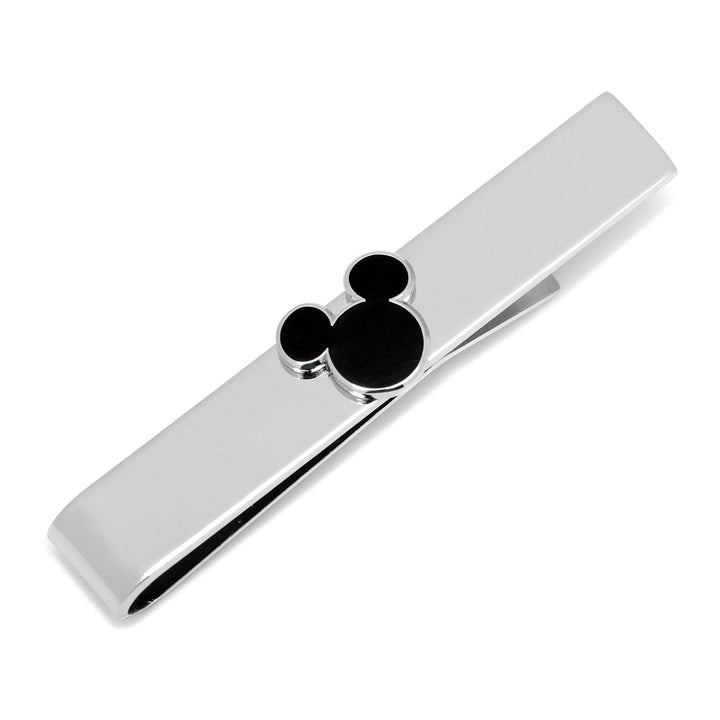 Silver-toned Disney Mickey Mouse Silhouette Tie Bar featuring a black Mickey Mouse silhouette.