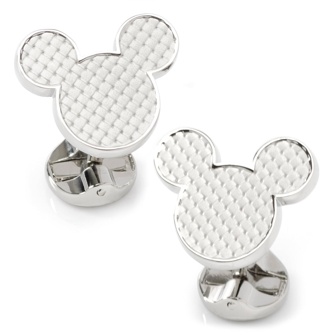 Disney Mickey Mouse Silhouette Basket Weave Cufflinks featuring silver-toned metal, white silhouettes, and a textured basket-weave pattern.