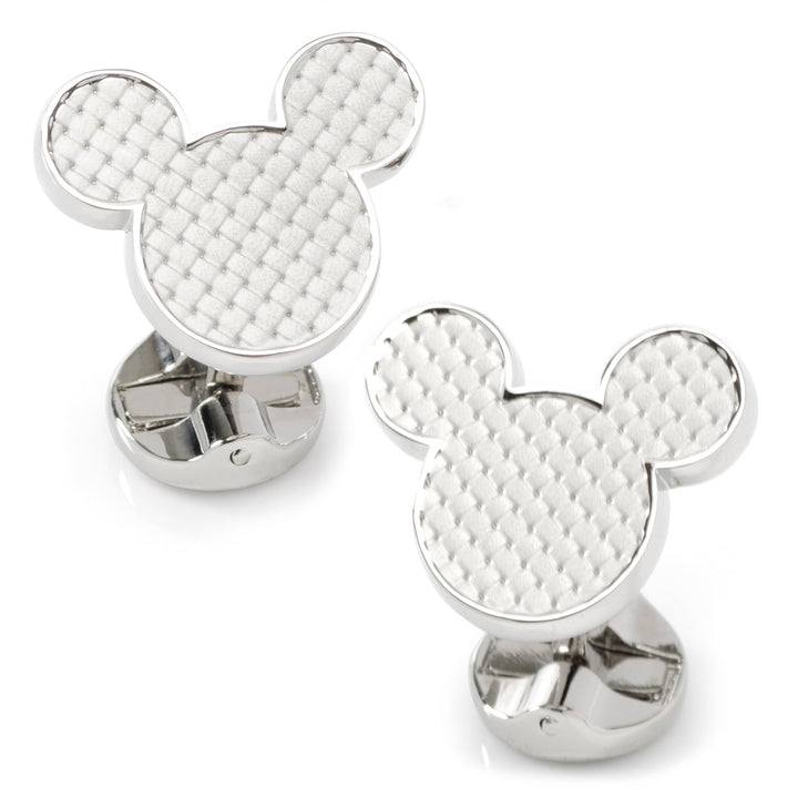 Disney Mickey Mouse Silhouette Basket Weave Cufflinks featuring silver-toned metal, white silhouettes, and a textured basket-weave pattern.