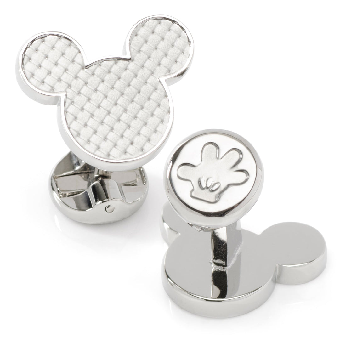 Disney Mickey Mouse Silhouette Basket Weave Cufflinks featuring one silver-tone Mickey Mouse head with a white basket weave inlay and one round toggle with an embossed glove icon.