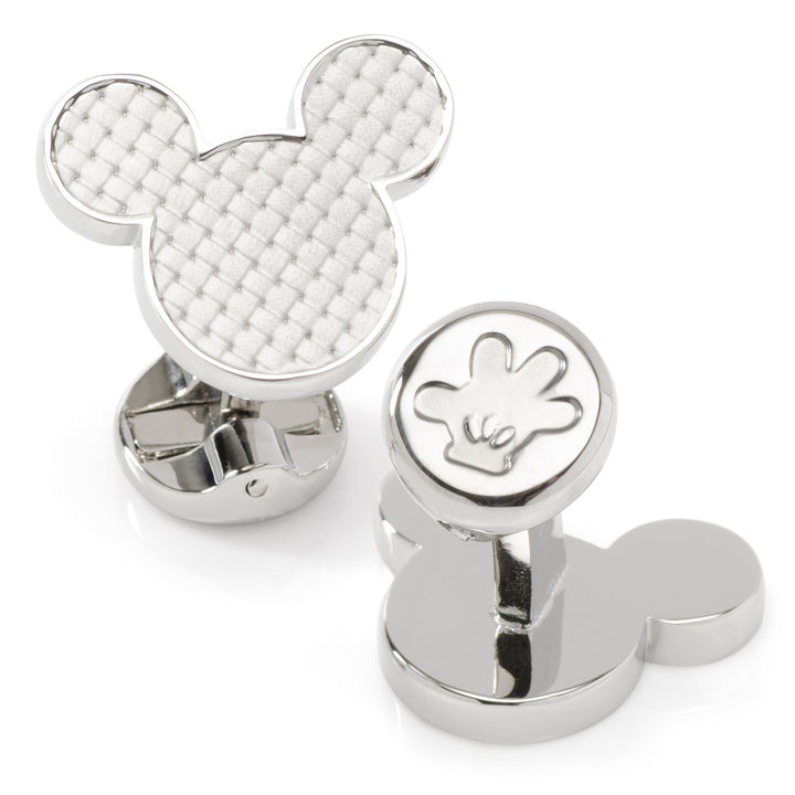 Disney Mickey Mouse Silhouette Basket Weave Cufflinks featuring one silver-tone Mickey Mouse head with a white basket weave inlay and one round toggle with an embossed glove icon.