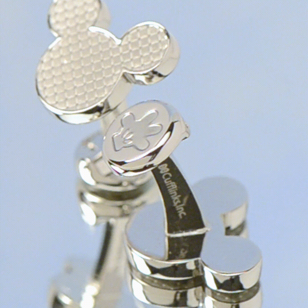 Disney Mickey Mouse Silhouette Basket Weave Cufflinks shaped like two metallic Mickey Mouse icons with a textured basket weave pattern.