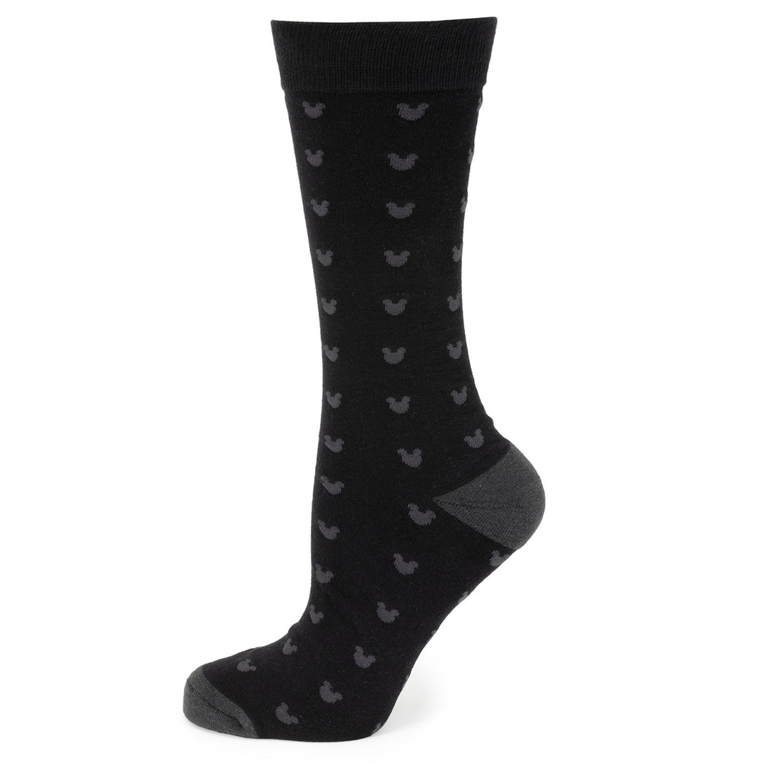 Disney Mickey Mouse Silhouette Motif Black Sock and Mickey Blue Lapel Pin Gift Set featuring black crew socks with a repeating grey Mickey silhouette pattern and a contrasting grey toe and heel.