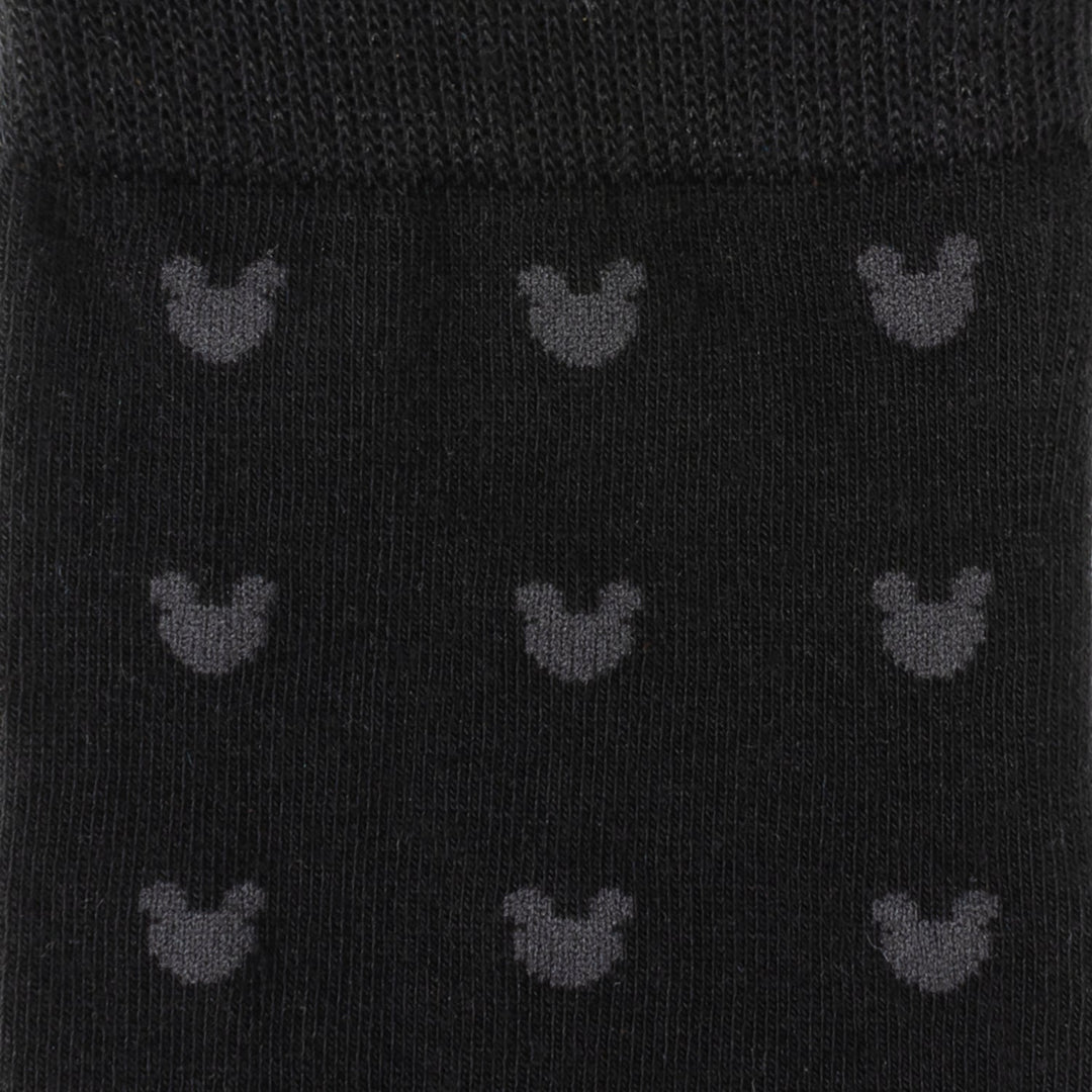 Disney Mickey Mouse Silhouette Motif Black Sock and Mickey Blue Lapel Pin Gift Set featuring black socks with a repeating pattern of dark gray Mickey silhouette designs.