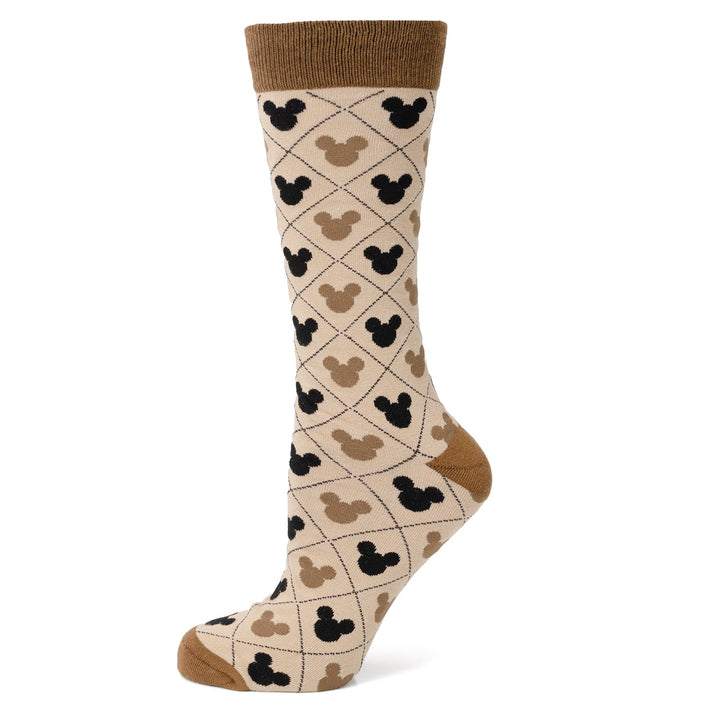 Disney Mickey Mouse Tan Sock &amp; Mickey Lapel Pin Set: tan argyle Mickey Mouse socks with a brown cuff, heel, and toe.