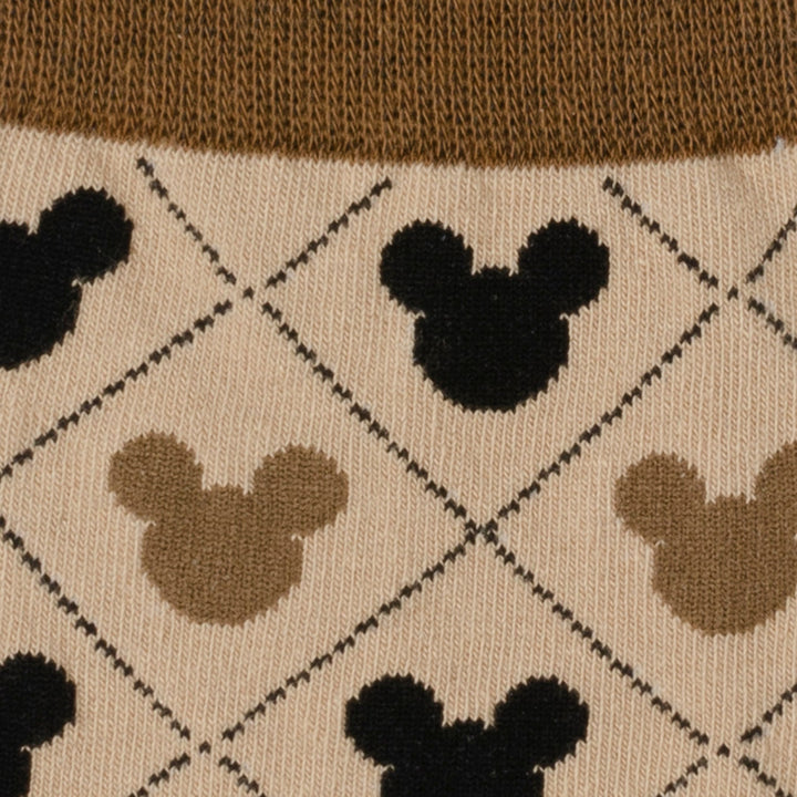 Disney Mickey Mouse Tan Sock &amp; Mickey Lapel Pin Set featuring tan socks with a brown cuff and a black and brown argyle pattern containing Mickey Mouse silhouettes.
